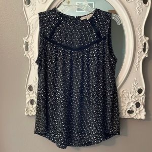 LOFT Black Floral Tank Top Blouse Button Closure Sz Small